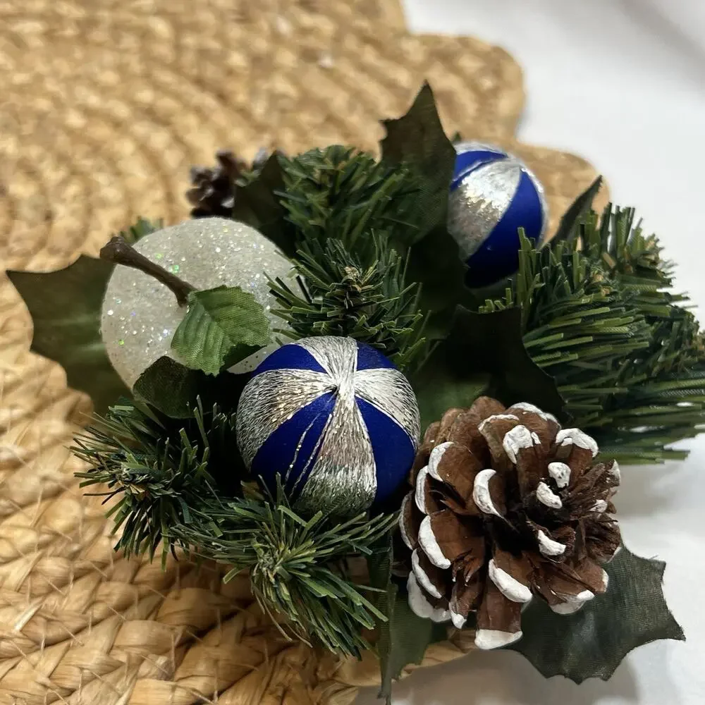 Vintage Set of 2 Blue & Silver Apple Pinecones Satin Ball Taper Candle Rings
